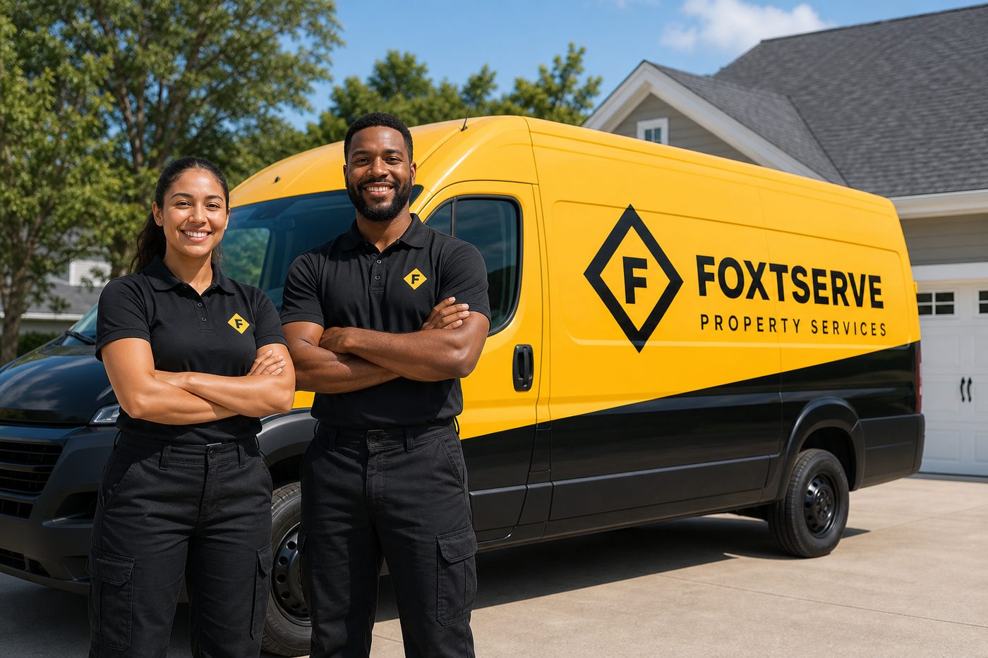 Two FoxtServe crew members standing in front of a branded service van