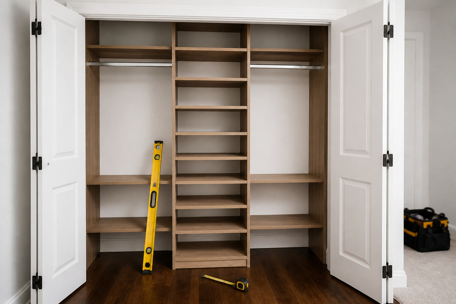 Reach-in closet organizer with wood-grain shelves and hanging rods during an install, with a level and tape measure on the floor. Concept photo, not a named crew
