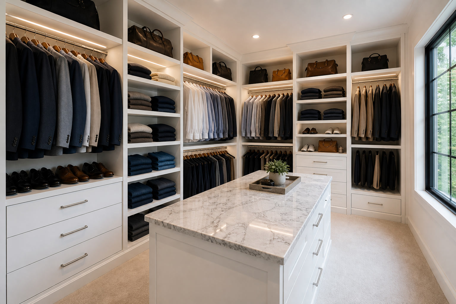 Illustrative walk-in closet with white built-in shelving, hanging rods, drawers, and a marble-top island. Concept photo, not a named finished job