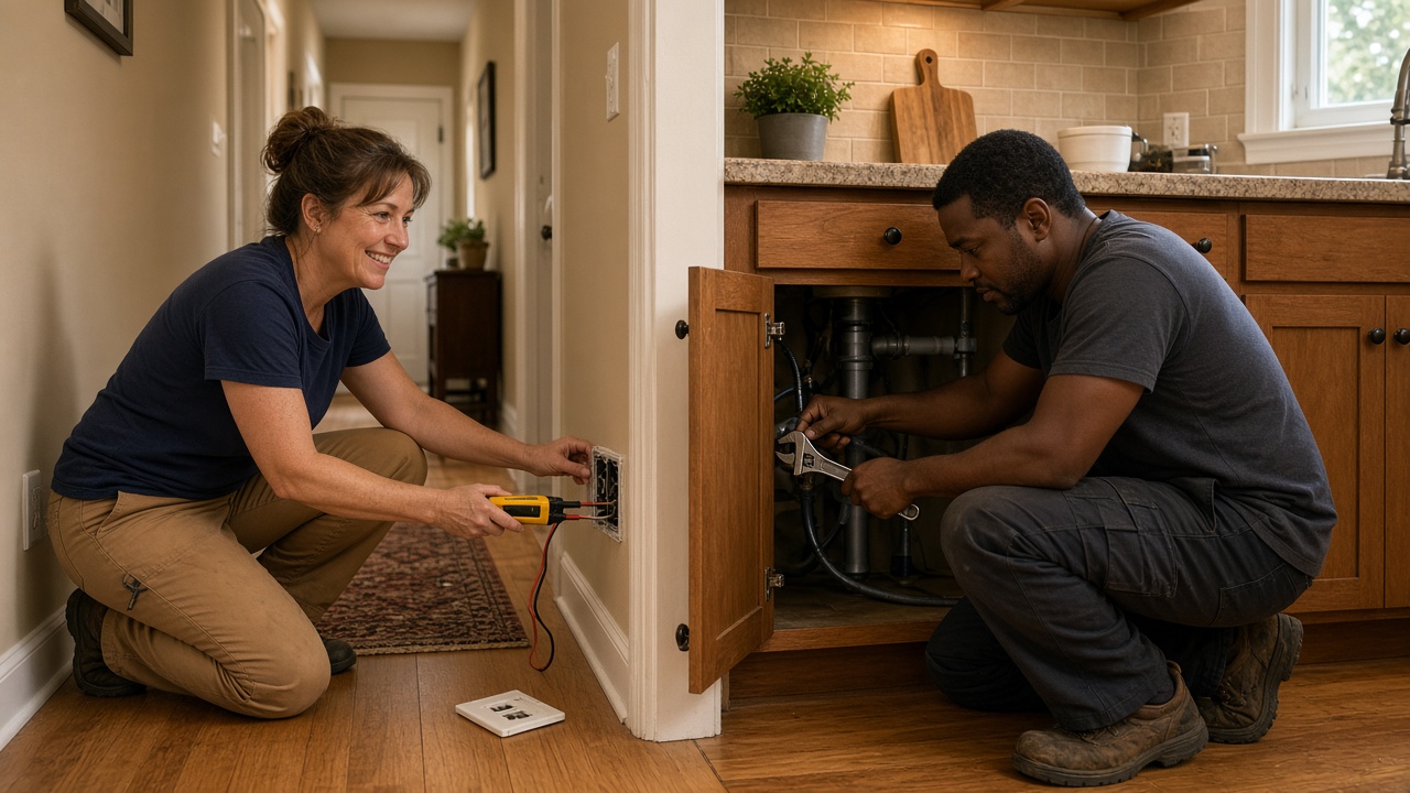People working at a wall outlet and under a kitchen sink