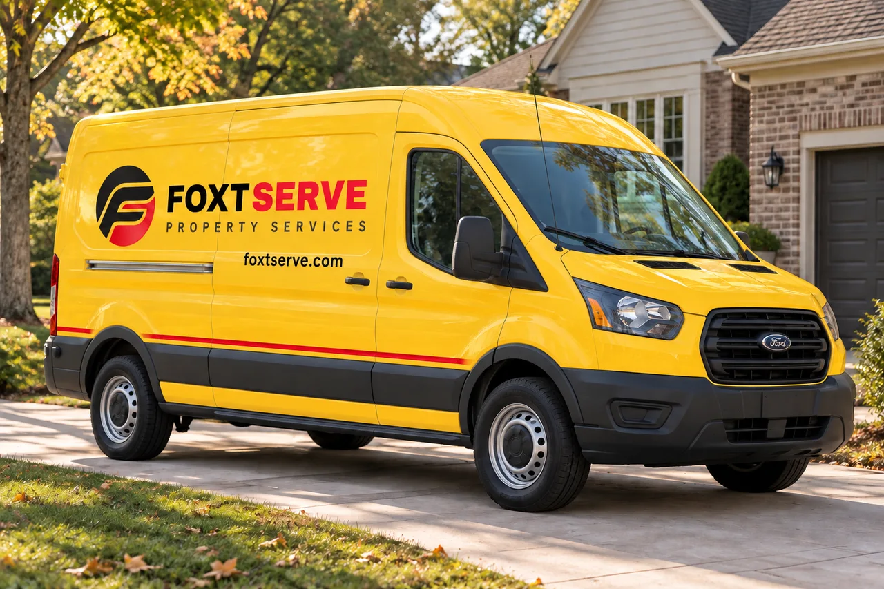 AI brand illustration of a yellow-wrapped FoxtServe service van outside a home