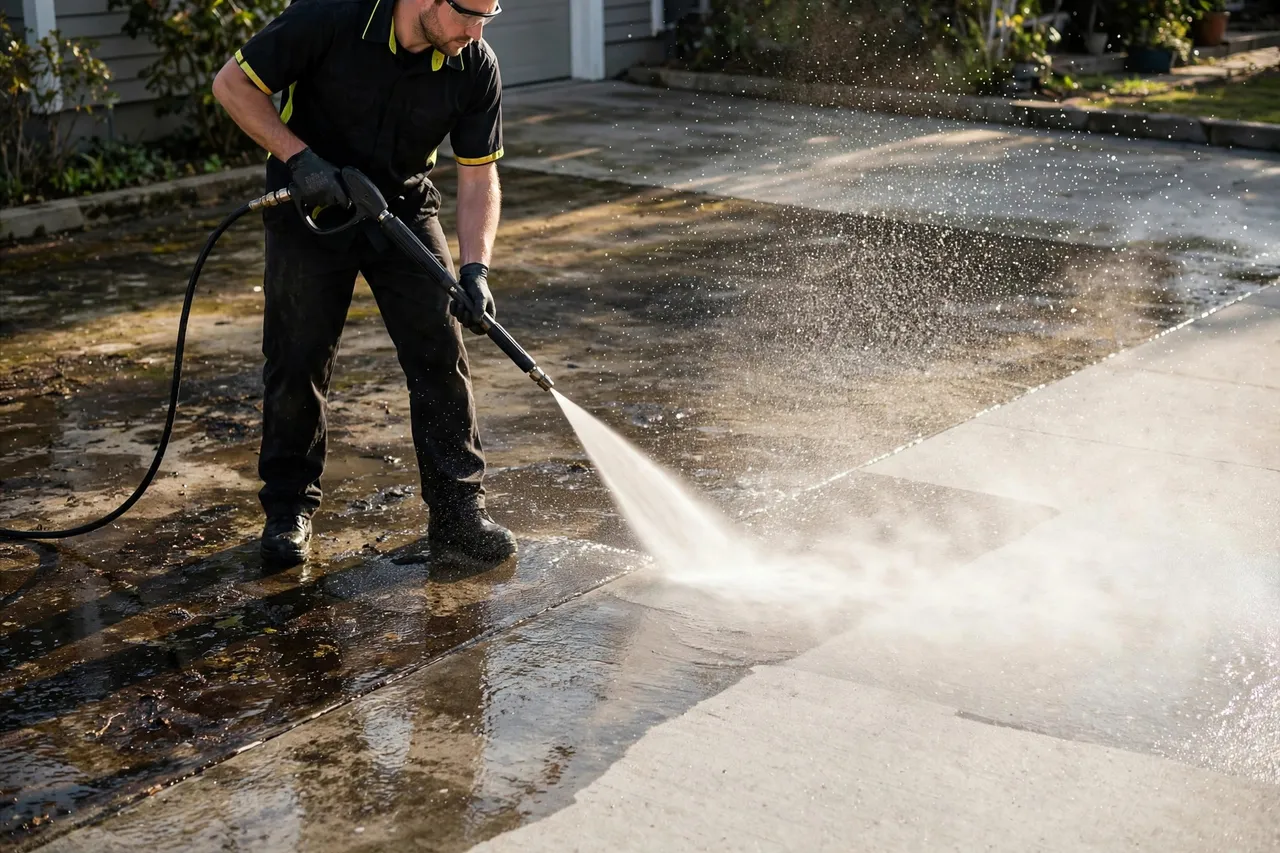 Person pressure-washing a driveway