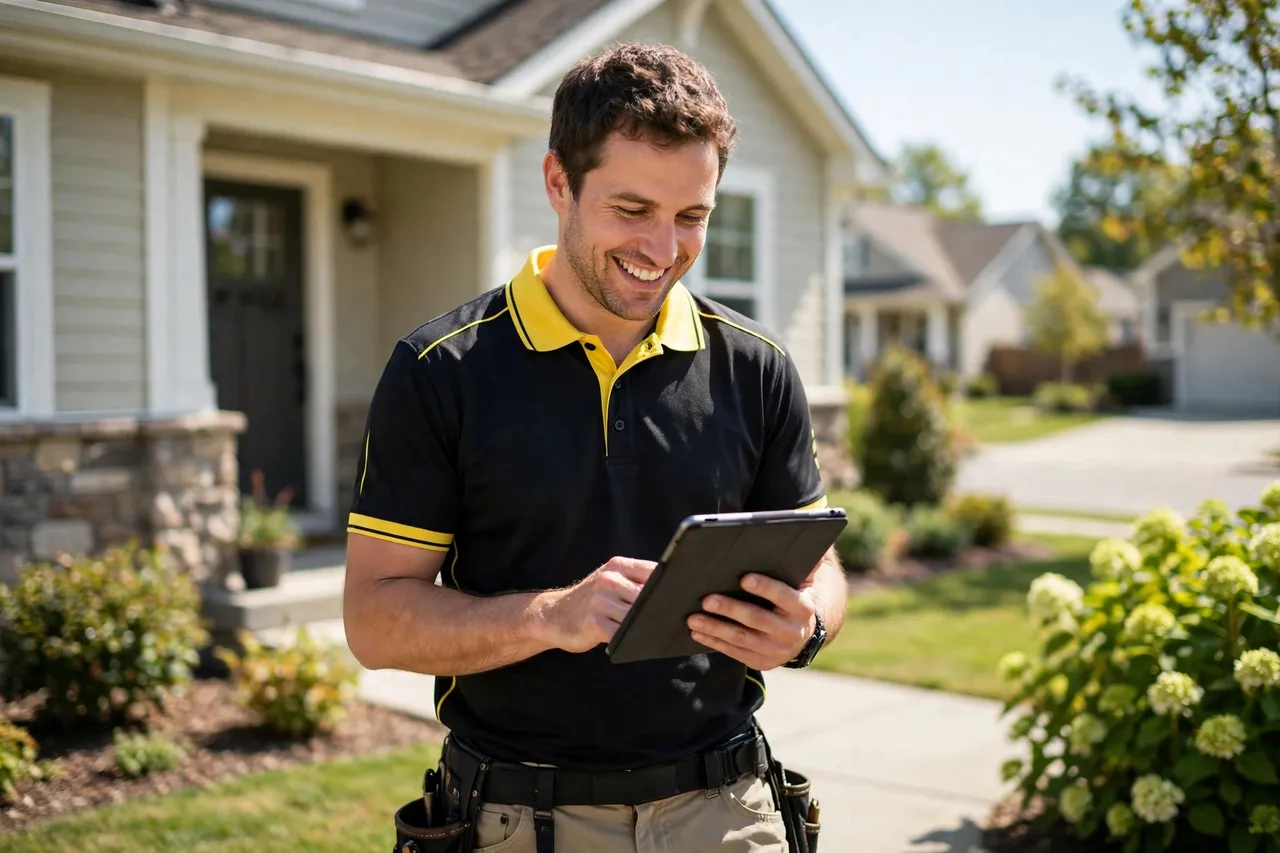 Person reviewing a tablet on a front walk in front of a house