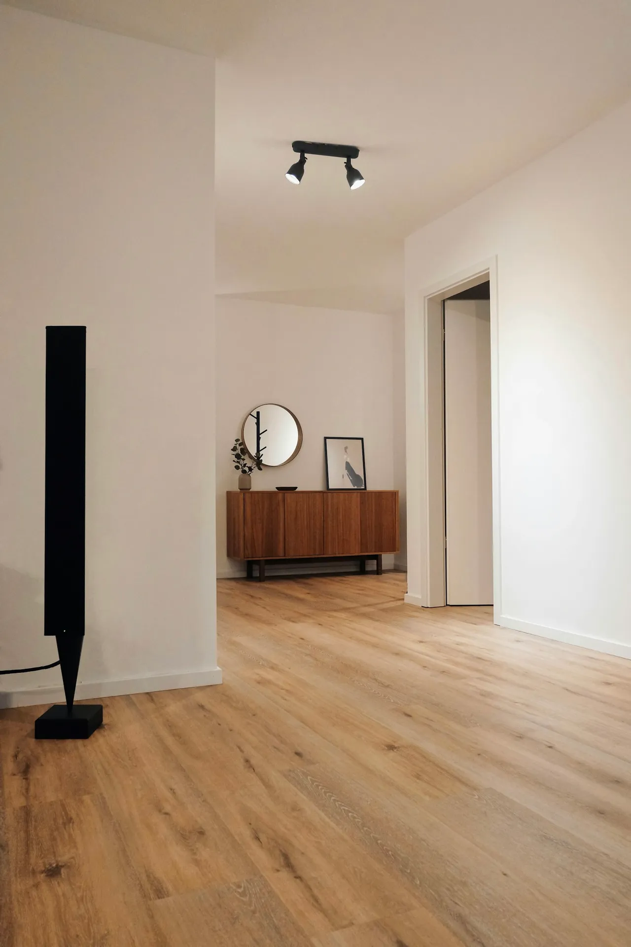 Hardwood floor in an open dining and living room
