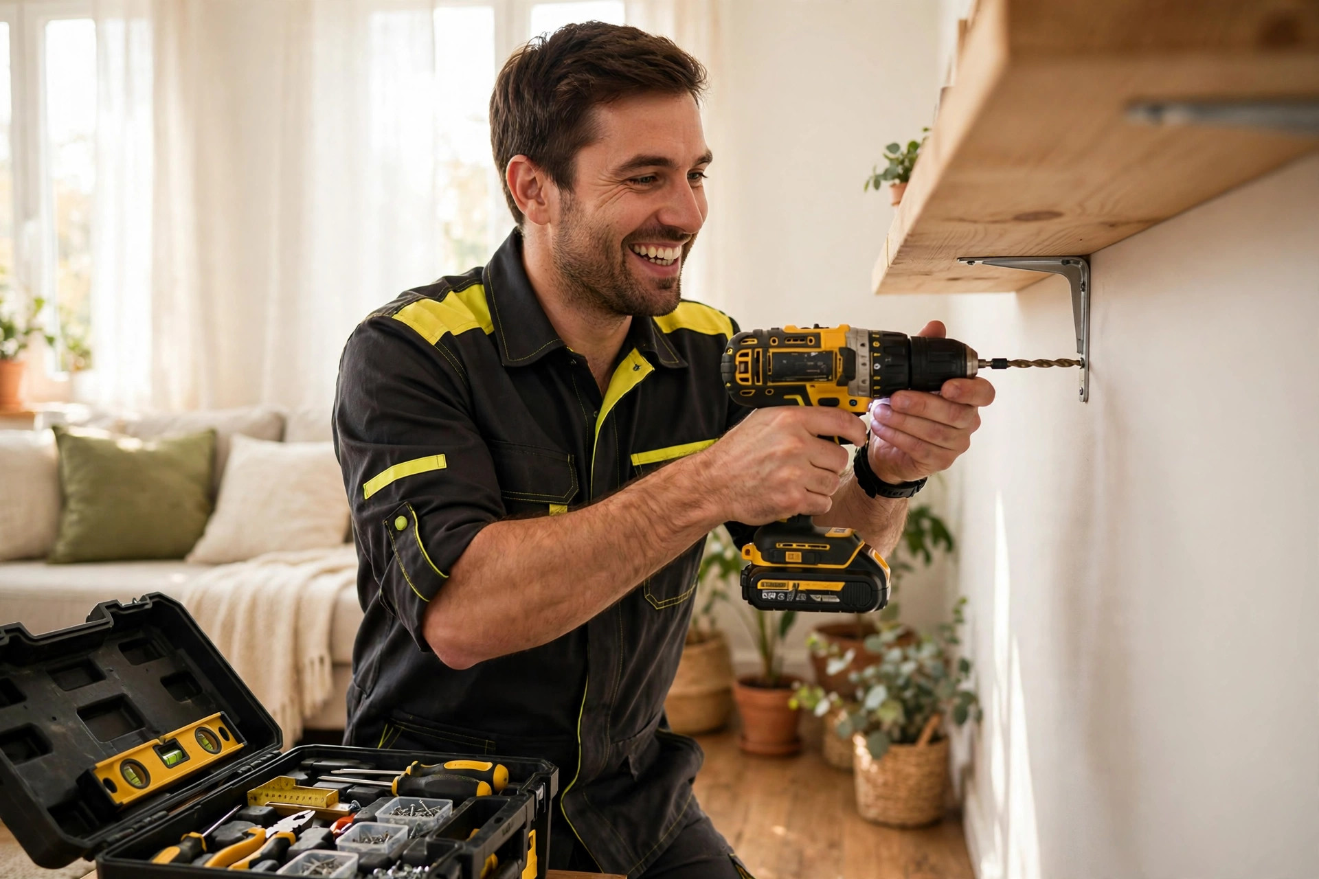 Person drilling a shelf bracket into a living-room wall