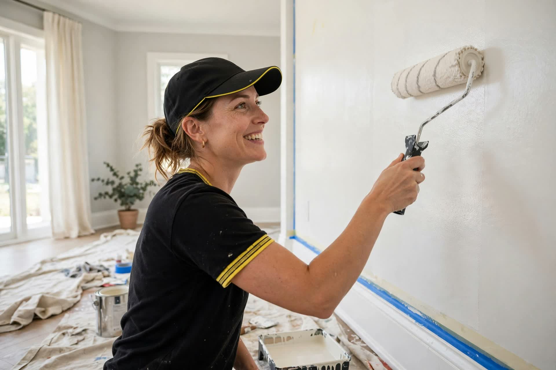 Person rolling paint onto an interior wall