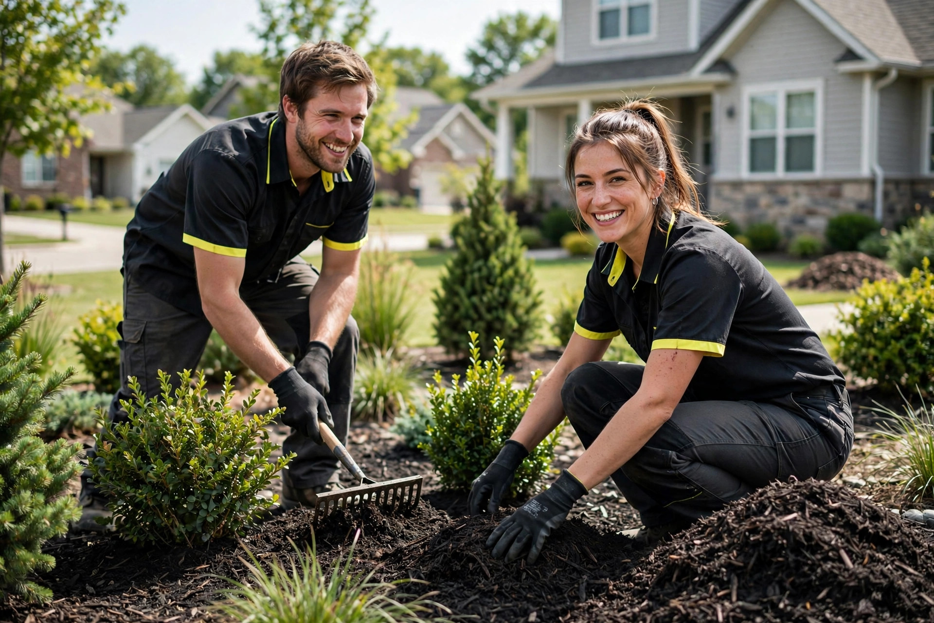 Two people spreading mulch around shrubs in a front yard