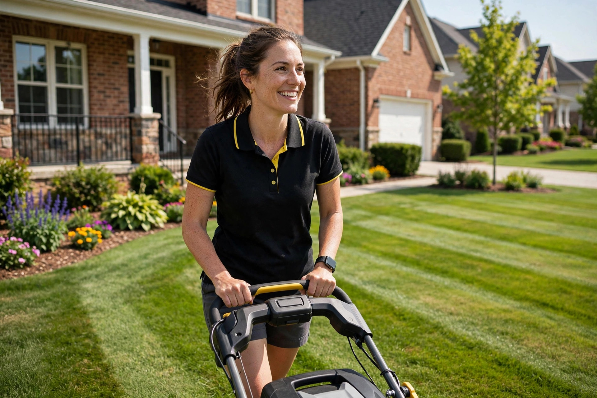 Person mowing a front lawn. No spray equipment