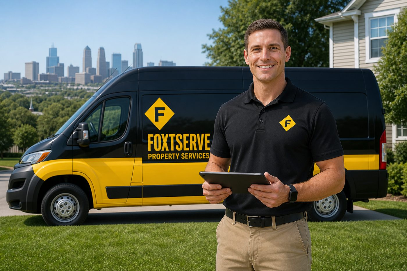 A FoxtServe technician holding a tablet, with a branded van and the Kansas City skyline behind
